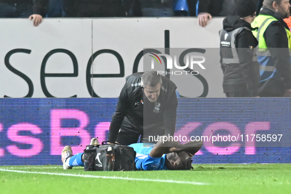 Ricky Jade Jones (17 Peterborough United) receives medical treatment during the Sky Bet League 1 match between Peterborough and Cambridge Un...