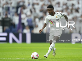 Vinicius Junior left winger of Real Madrid and Brazil during the La Liga match between Real Madrid CF and CA Osasuna at Estadio Santiago Ber...