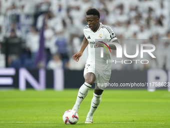 Vinicius Junior left winger of Real Madrid and Brazil during the La Liga match between Real Madrid CF and CA Osasuna at Estadio Santiago Ber...