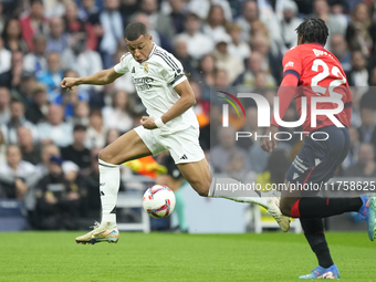 Kylian Mbappe centre-forward of Real Madrid and France during the La Liga match between Real Madrid CF and CA Osasuna at Estadio Santiago Be...