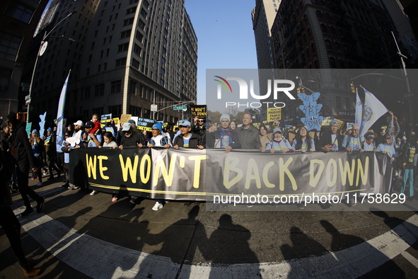 A general view shows protesters in front of the eminent immigration reform changes in Manhattan, NY, on November 9, 2024. The New York Immig...