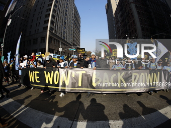 A general view shows protesters in front of the eminent immigration reform changes in Manhattan, NY, on November 9, 2024. The New York Immig...