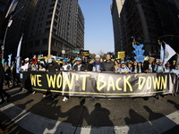 A general view shows protesters in front of the eminent immigration reform changes in Manhattan, NY, on November 9, 2024. The New York Immig...