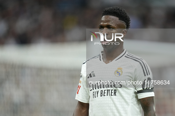 Vinicius Junior left winger of Real Madrid and Brazil during the La Liga match between Real Madrid CF and CA Osasuna at Estadio Santiago Ber...