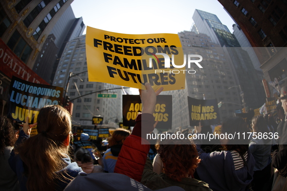 A general view shows protesters in front of the eminent immigration reform changes in Manhattan, NY, on November 9, 2024. The New York Immig...