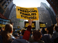 A general view shows protesters in front of the eminent immigration reform changes in Manhattan, NY, on November 9, 2024. The New York Immig...