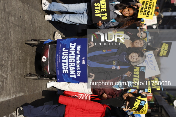 A general view shows protesters in front of the eminent immigration reform changes in Manhattan, NY, on November 9, 2024. The New York Immig...