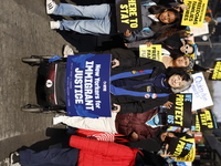 A general view shows protesters in front of the eminent immigration reform changes in Manhattan, NY, on November 9, 2024. The New York Immig...