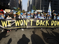 A general view shows protesters in front of the eminent immigration reform changes in Manhattan, NY, on November 9, 2024. The New York Immig...