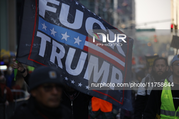 A general view shows protesters in front of the eminent immigration reform changes in Manhattan, NY, on November 9, 2024. The New York Immig...