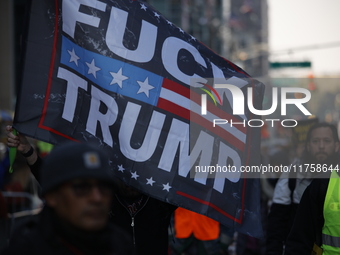 A general view shows protesters in front of the eminent immigration reform changes in Manhattan, NY, on November 9, 2024. The New York Immig...