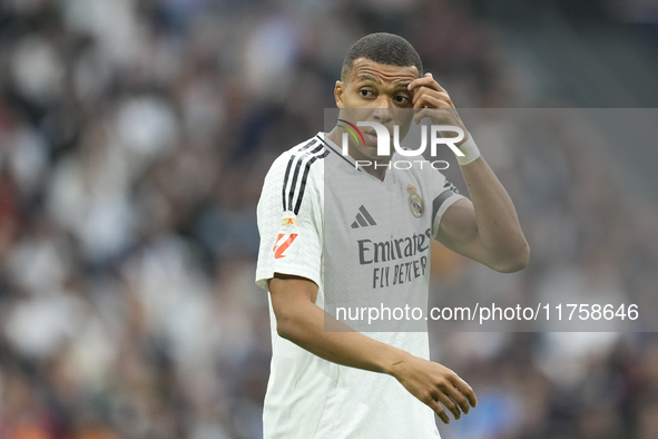 Kylian Mbappe centre-forward of Real Madrid and France reacts during the La Liga match between Real Madrid CF and CA Osasuna at Estadio Sant...