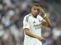 Kylian Mbappe centre-forward of Real Madrid and France reacts during the La Liga match between Real Madrid CF and CA Osasuna at Estadio Sant...