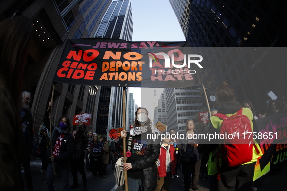 A general view shows protesters in front of the eminent immigration reform changes in Manhattan, NY, on November 9, 2024. The New York Immig...