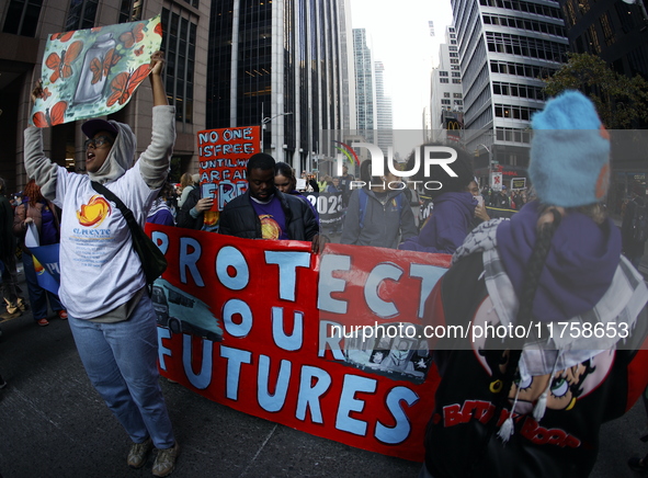 A general view shows protesters in front of the eminent immigration reform changes in Manhattan, NY, on November 9, 2024. The New York Immig...