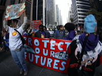 A general view shows protesters in front of the eminent immigration reform changes in Manhattan, NY, on November 9, 2024. The New York Immig...