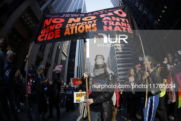 A general view shows protesters in front of the eminent immigration reform changes in Manhattan, NY, on November 9, 2024. The New York Immig...