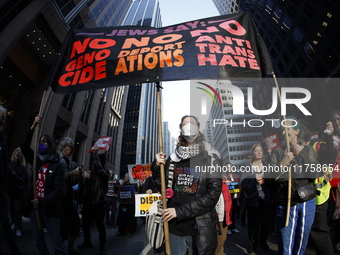 A general view shows protesters in front of the eminent immigration reform changes in Manhattan, NY, on November 9, 2024. The New York Immig...