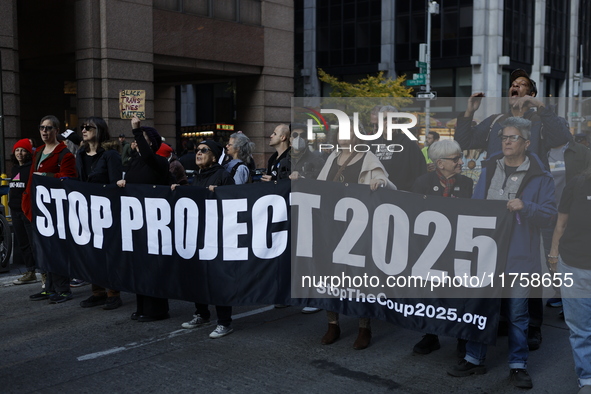 A general view shows protesters in front of the eminent immigration reform changes in Manhattan, NY, on November 9, 2024. The New York Immig...