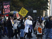 A general view shows protesters in front of the eminent immigration reform changes in Manhattan, NY, on November 9, 2024. The New York Immig...