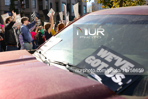 Pro-choice demonstrators protest outside of The Heritage Foundation in Washington, D.C. on November 9, 2024 following the re-election of for...