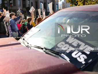 Pro-choice demonstrators protest outside of The Heritage Foundation in Washington, D.C. on November 9, 2024 following the re-election of for...