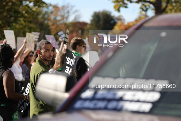 Pro-choice demonstrators protest outside of The Heritage Foundation in Washington, D.C. on November 9, 2024 following the re-election of for...