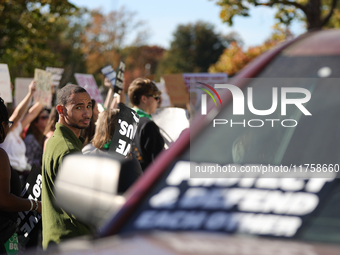 Pro-choice demonstrators protest outside of The Heritage Foundation in Washington, D.C. on November 9, 2024 following the re-election of for...