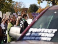 Pro-choice demonstrators protest outside of The Heritage Foundation in Washington, D.C. on November 9, 2024 following the re-election of for...