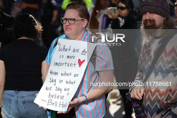 Pro-choice demonstrators protest outside of The Heritage Foundation in Washington, D.C. on November 9, 2024 following the re-election of for...