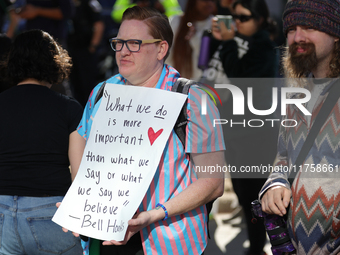 Pro-choice demonstrators protest outside of The Heritage Foundation in Washington, D.C. on November 9, 2024 following the re-election of for...