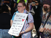 Pro-choice demonstrators protest outside of The Heritage Foundation in Washington, D.C. on November 9, 2024 following the re-election of for...