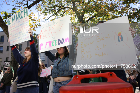 Pro-choice demonstrators protest outside of The Heritage Foundation in Washington, D.C. on November 9, 2024 following the re-election of for...