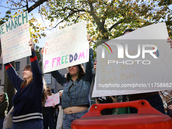 Pro-choice demonstrators protest outside of The Heritage Foundation in Washington, D.C. on November 9, 2024 following the re-election of for...