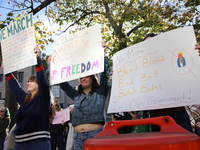 Pro-choice demonstrators protest outside of The Heritage Foundation in Washington, D.C. on November 9, 2024 following the re-election of for...