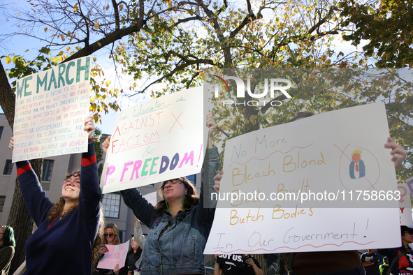 Pro-choice demonstrators protest outside of The Heritage Foundation in Washington, D.C. on November 9, 2024 following the re-election of for...