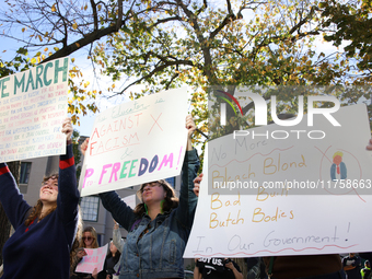 Pro-choice demonstrators protest outside of The Heritage Foundation in Washington, D.C. on November 9, 2024 following the re-election of for...