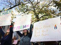 Pro-choice demonstrators protest outside of The Heritage Foundation in Washington, D.C. on November 9, 2024 following the re-election of for...