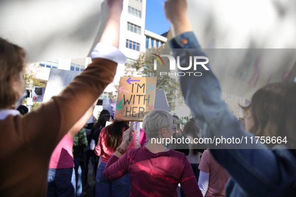 Pro-choice demonstrators protest outside of The Heritage Foundation in Washington, D.C. on November 9, 2024 following the re-election of for...