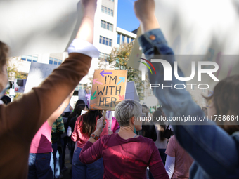 Pro-choice demonstrators protest outside of The Heritage Foundation in Washington, D.C. on November 9, 2024 following the re-election of for...