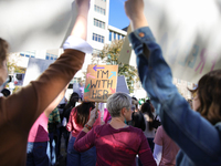 Pro-choice demonstrators protest outside of The Heritage Foundation in Washington, D.C. on November 9, 2024 following the re-election of for...