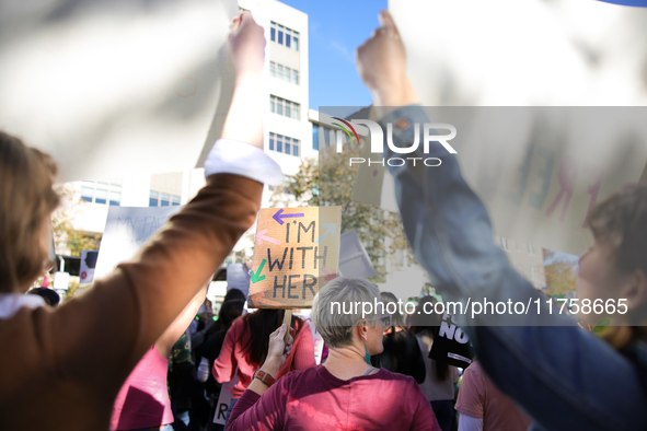 Pro-choice demonstrators protest outside of The Heritage Foundation in Washington, D.C. on November 9, 2024 following the re-election of for...