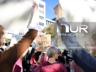 Pro-choice demonstrators protest outside of The Heritage Foundation in Washington, D.C. on November 9, 2024 following the re-election of for...