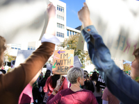 Pro-choice demonstrators protest outside of The Heritage Foundation in Washington, D.C. on November 9, 2024 following the re-election of for...