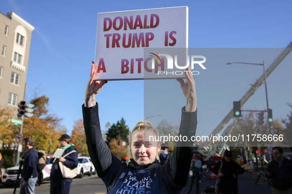 Pro-choice demonstrators protest outside of The Heritage Foundation in Washington, D.C. on November 9, 2024 following the re-election of for...