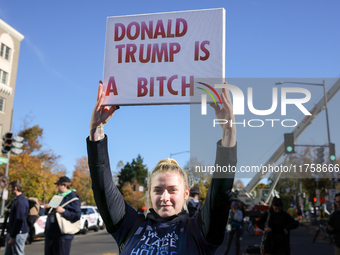 Pro-choice demonstrators protest outside of The Heritage Foundation in Washington, D.C. on November 9, 2024 following the re-election of for...