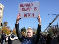 Pro-choice demonstrators protest outside of The Heritage Foundation in Washington, D.C. on November 9, 2024 following the re-election of for...