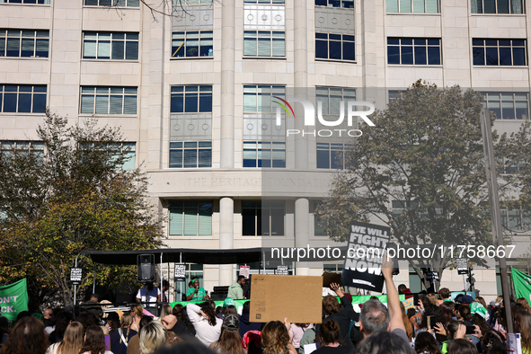 Pro-choice demonstrators protest outside of The Heritage Foundation in Washington, D.C. on November 9, 2024 following the re-election of for...