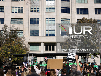 Pro-choice demonstrators protest outside of The Heritage Foundation in Washington, D.C. on November 9, 2024 following the re-election of for...