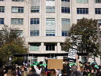 Pro-choice demonstrators protest outside of The Heritage Foundation in Washington, D.C. on November 9, 2024 following the re-election of for...